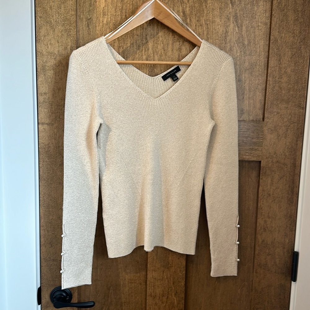 Ann Taylor gold pearl button cuff sweater